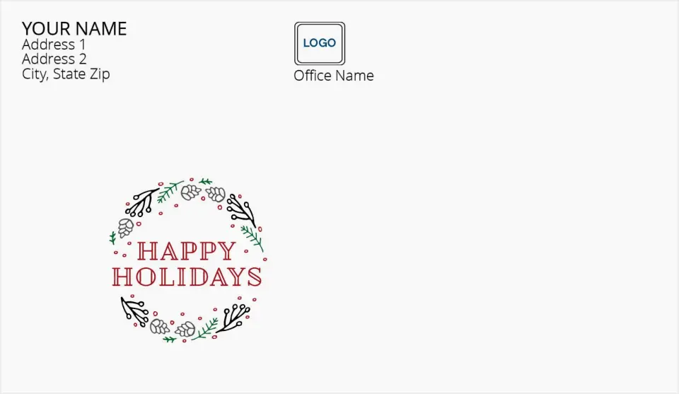 This is a 4.5 x 7.75 Return Address Printing & Design called Happy Holidays Wreath printed in full color