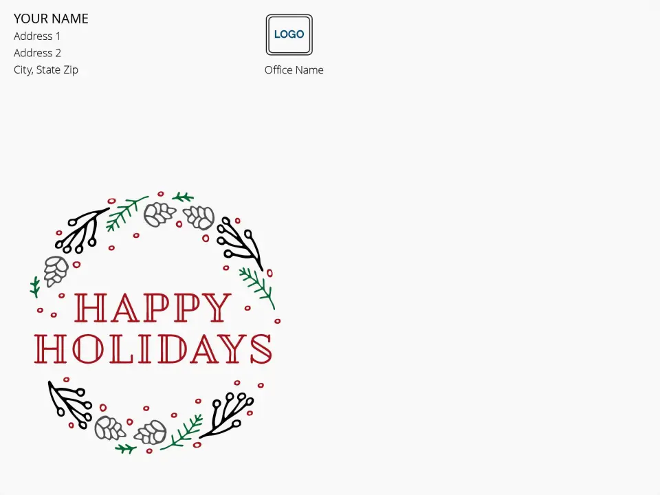 This is a 9 x 12 Return Address Printing & Design called Happy Holidays Wreath printed in full color