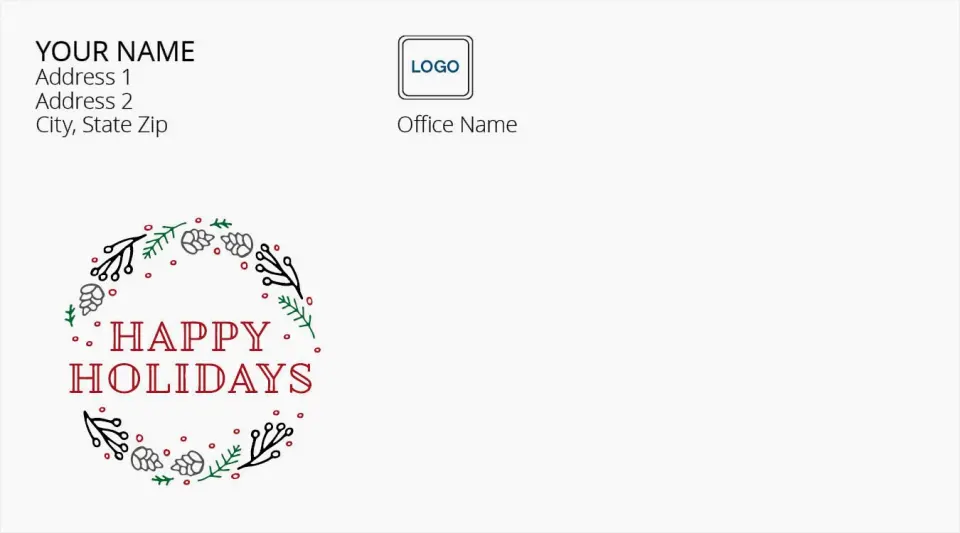 This is a 4" x 6¾" Return Address Printing & Design called Happy Holidays Wreath printed in full color