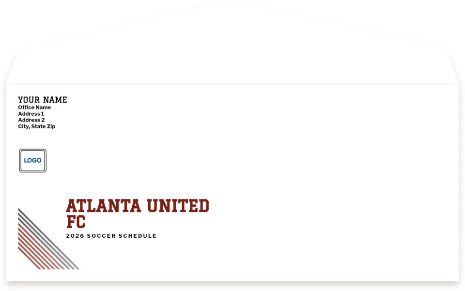 This is a 4.125 x 9.5 Baseball Envelope called Atlanta United FC Envelopes with Return Address Printing Service printed in full color