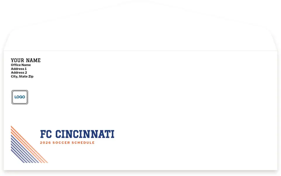 This is a 4.125" x 9½" Baseball Envelope called FC Cincinnati Envelopes with Mailing Service printed in full color