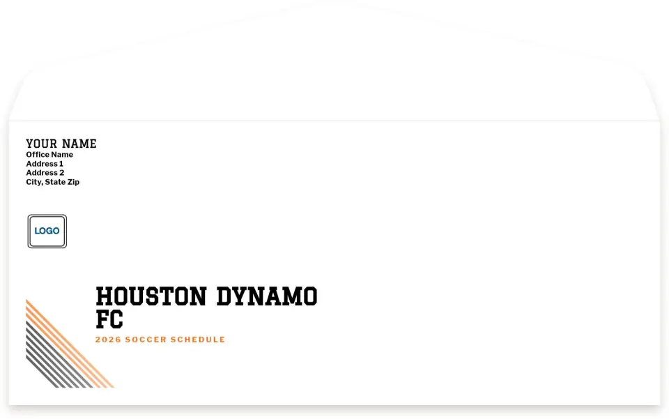This is a 4.125" x 9½" Baseball Envelope called Houston Dynamo FC Envelopes with Mailing Service printed in full color