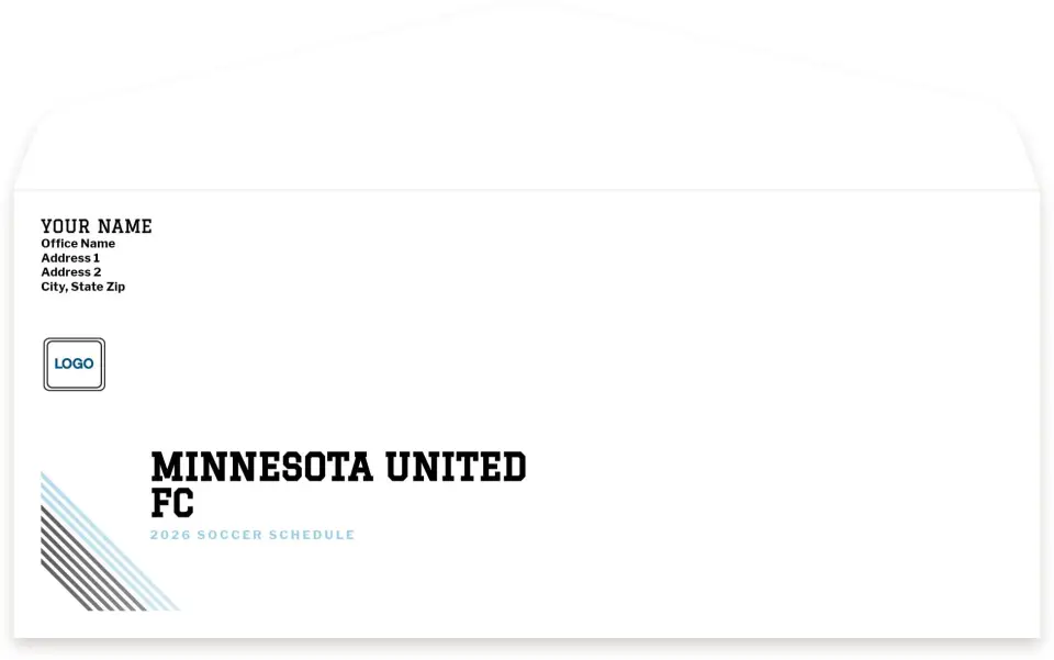 This is a 4.125 x 9.5 Baseball Envelope called Minnesota United FC Envelopes with Return Address Printing Service printed in full color