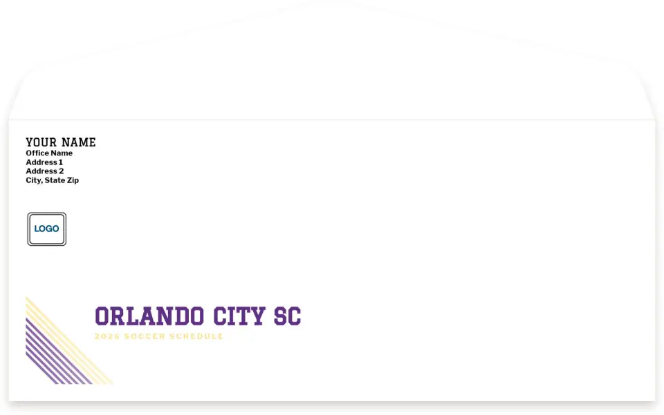 This is a 4.125" x 9½" Baseball Envelope called Orlando City SC Envelopes with Mailing Service printed in full color