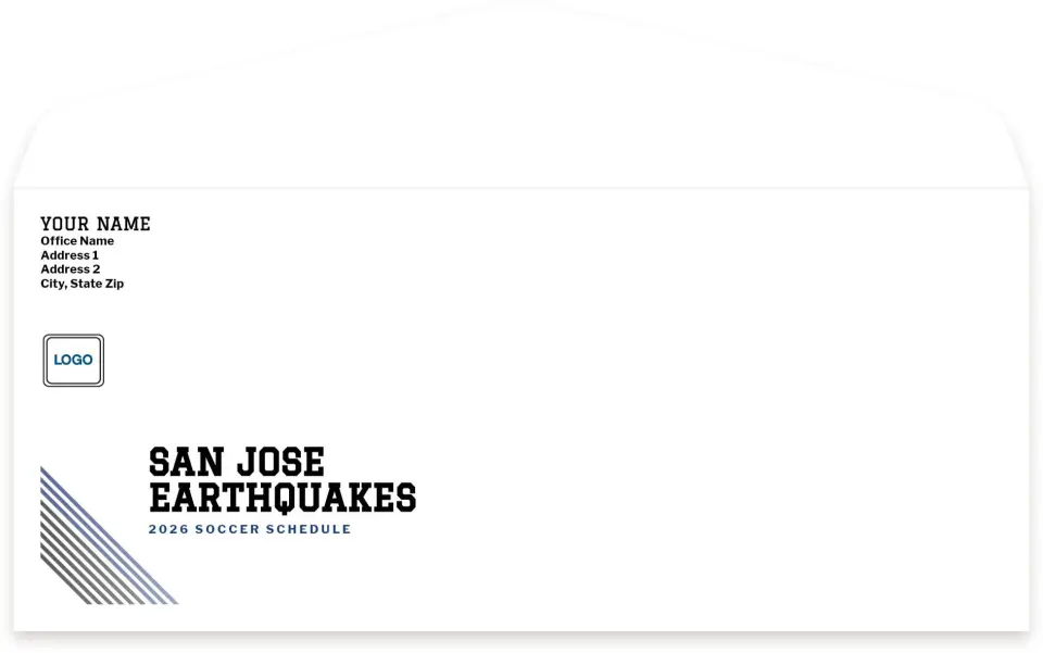 This is a 4.125 x 9.5 Baseball Envelope called San Jose Earthquakes Envelopes with Return Address Printing Service printed in full color