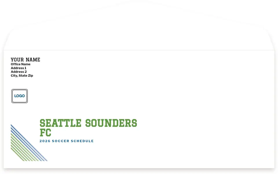 This is a 4.125" x 9½" Baseball Envelope called Seattle Sounders FC Envelopes with Mailing Service printed in full color