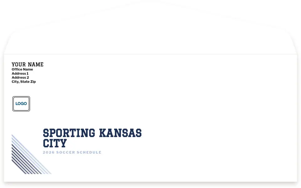 This is a 4.125 x 9.5 Baseball Envelope called Sporting Kansas City Envelopes with Return Address Printing Service printed in full color