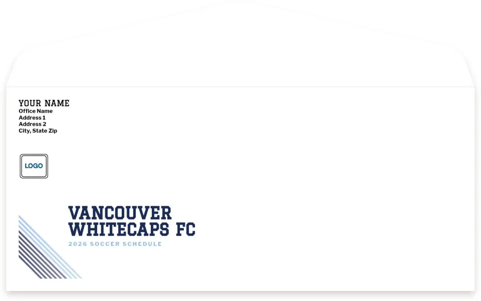 This is a 4.125 x 9.5 Baseball Envelope called Vancouver Whitecaps FC Envelopes with Return Address Printing Service printed in full color