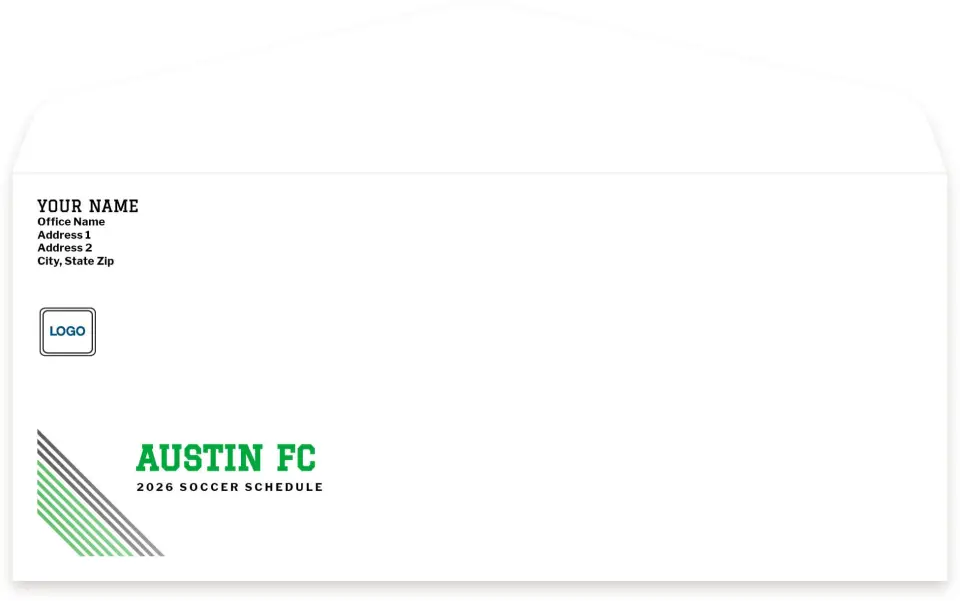 This is a 4.125" x 9½" Baseball Envelope called Austin FC Mailing Service printed in full color