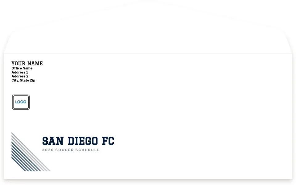 This is a 4.125 x 9.5 Baseball Envelope called San Diego FC Return Address Printing Service printed in full color