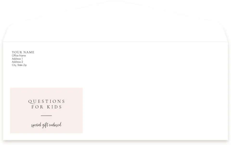 This is a 4.125 x 9.5 Business Envelope called Questions for Kids printed in full color
