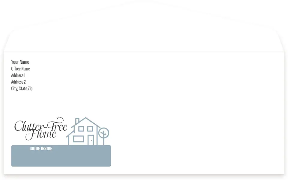 This is a 4.125 x 9.5 Business Envelope called 30 Days to a Clutter Free Home printed in full color