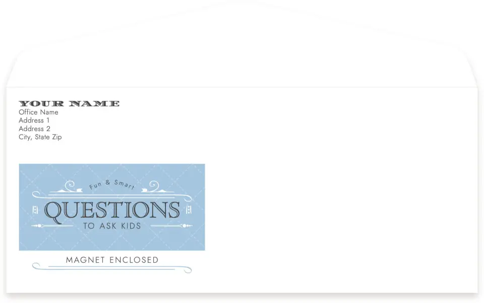 This is a 4.125 x 9.5 Business Envelope called Questions for Kids printed in full color