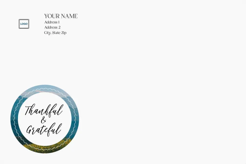 This is a 6 x 9 Return Address Printing & Design called Thankful & Grateful printed in full color