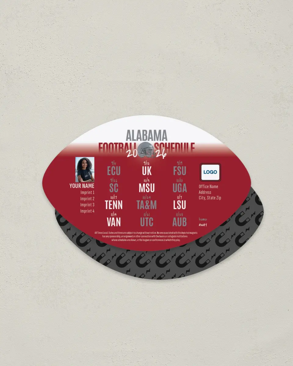 This is a 3.7" x 5.7" Football-Shaped Football Schedule Magnet called Alabama printed in full color