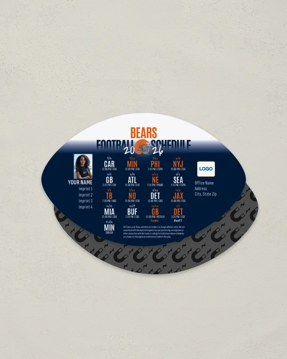 This is a 3.7" x 5.7" Football-Shaped Football Schedule Magnet called Bears printed in full color