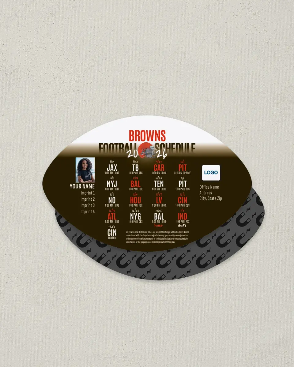 This is a 3.7" x 5.7" Football-Shaped Football Schedule Magnet called Browns printed in full color