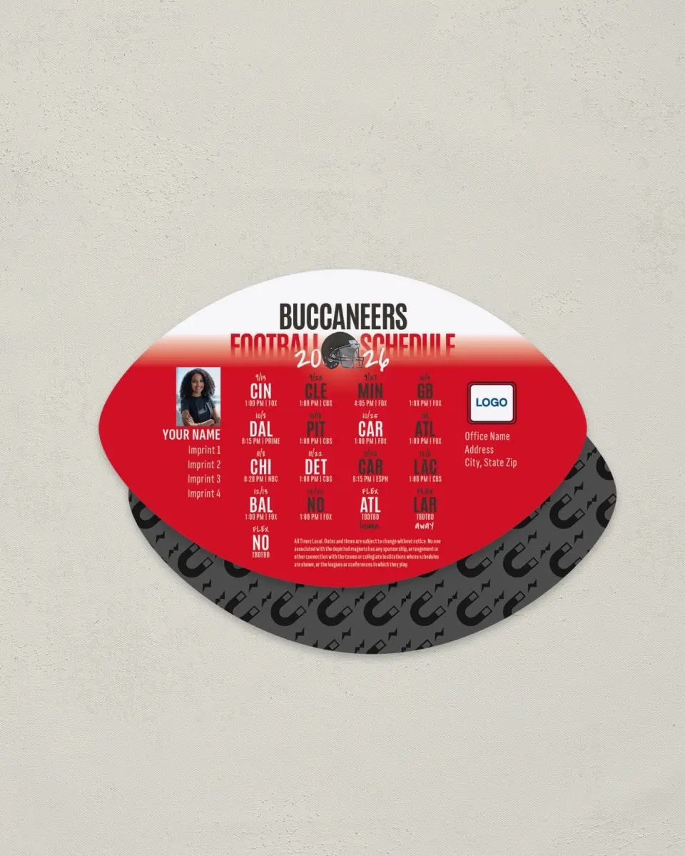 This is a 3.7" x 5.7" Football-Shaped Football Schedule Magnet called Buccaneers printed in full color
