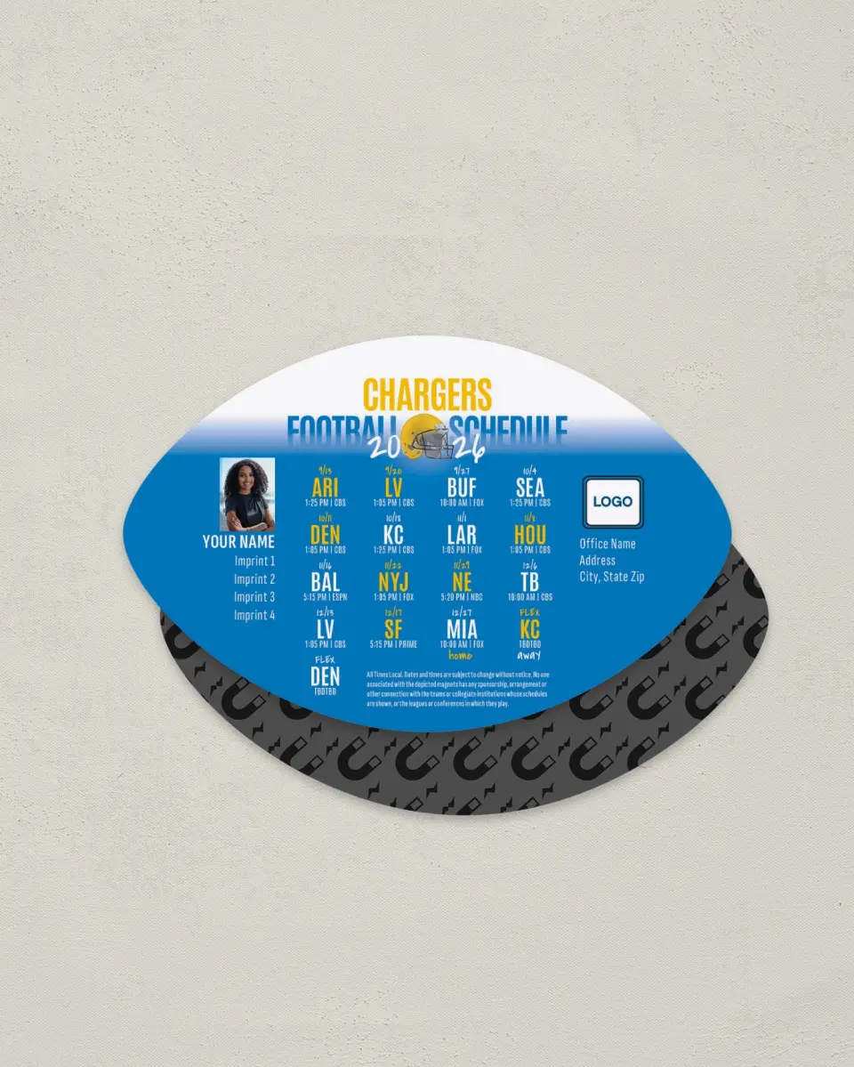 This is a 3.7" x 5.7" Football-Shaped Football Schedule Magnet called Chargers printed in full color