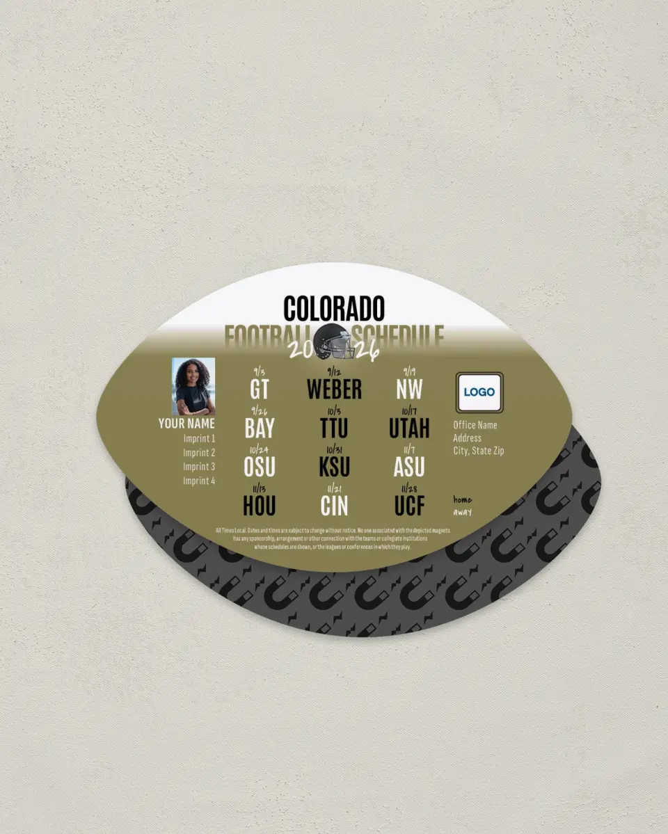 This is a 3.7" x 5.7" Football-Shaped Football Schedule Magnet called Colorado printed in full color