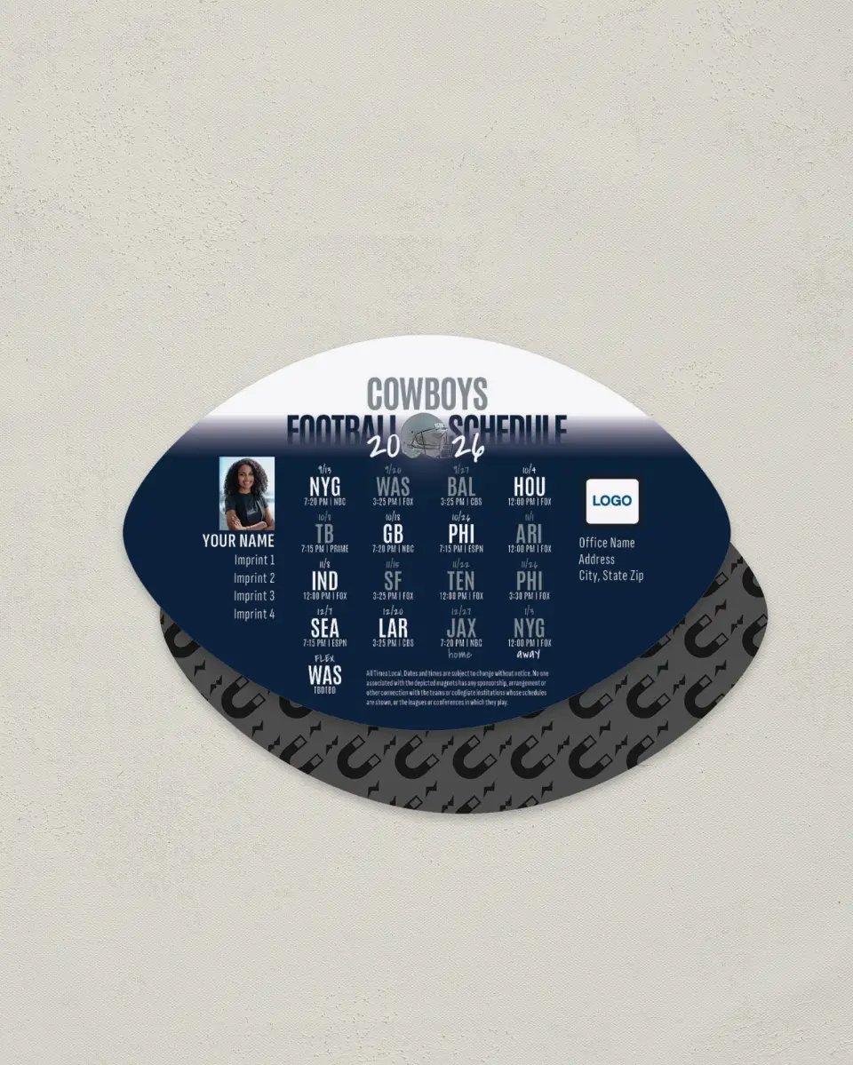 This is a 3.7" x 5.7" Football-Shaped Football Schedule Magnet called Cowboys printed in full color