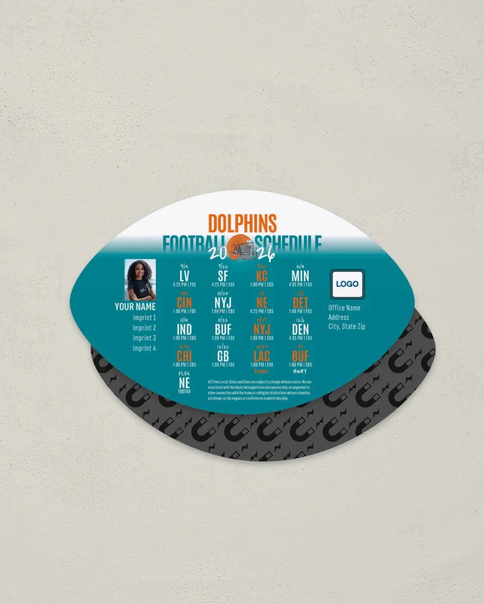 This is a 3.7" x 5.7" Football-Shaped Football Schedule Magnet called Dolphins printed in full color