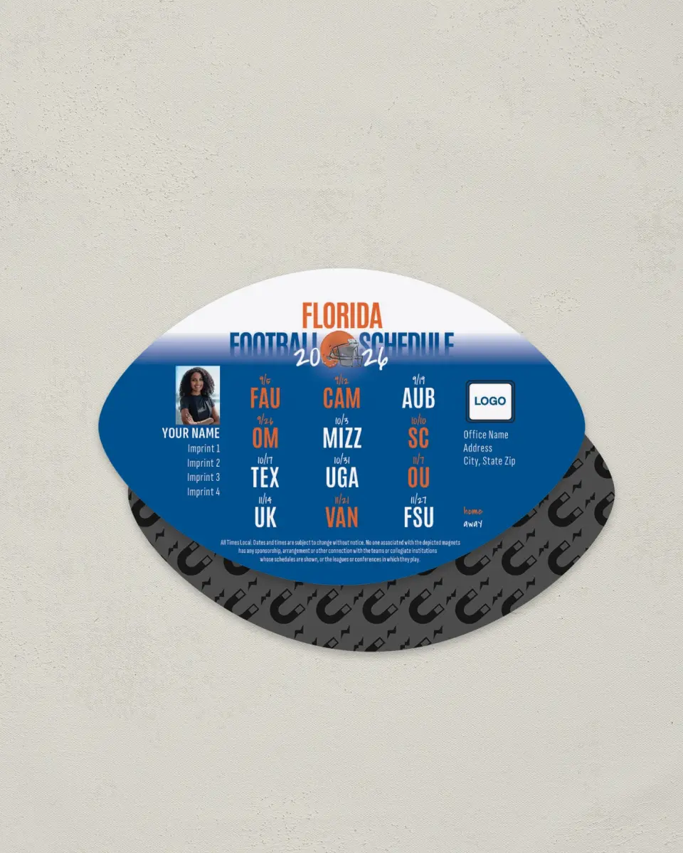 This is a 3.7" x 5.7" Football-Shaped Football Schedule Magnet called Florida printed in full color
