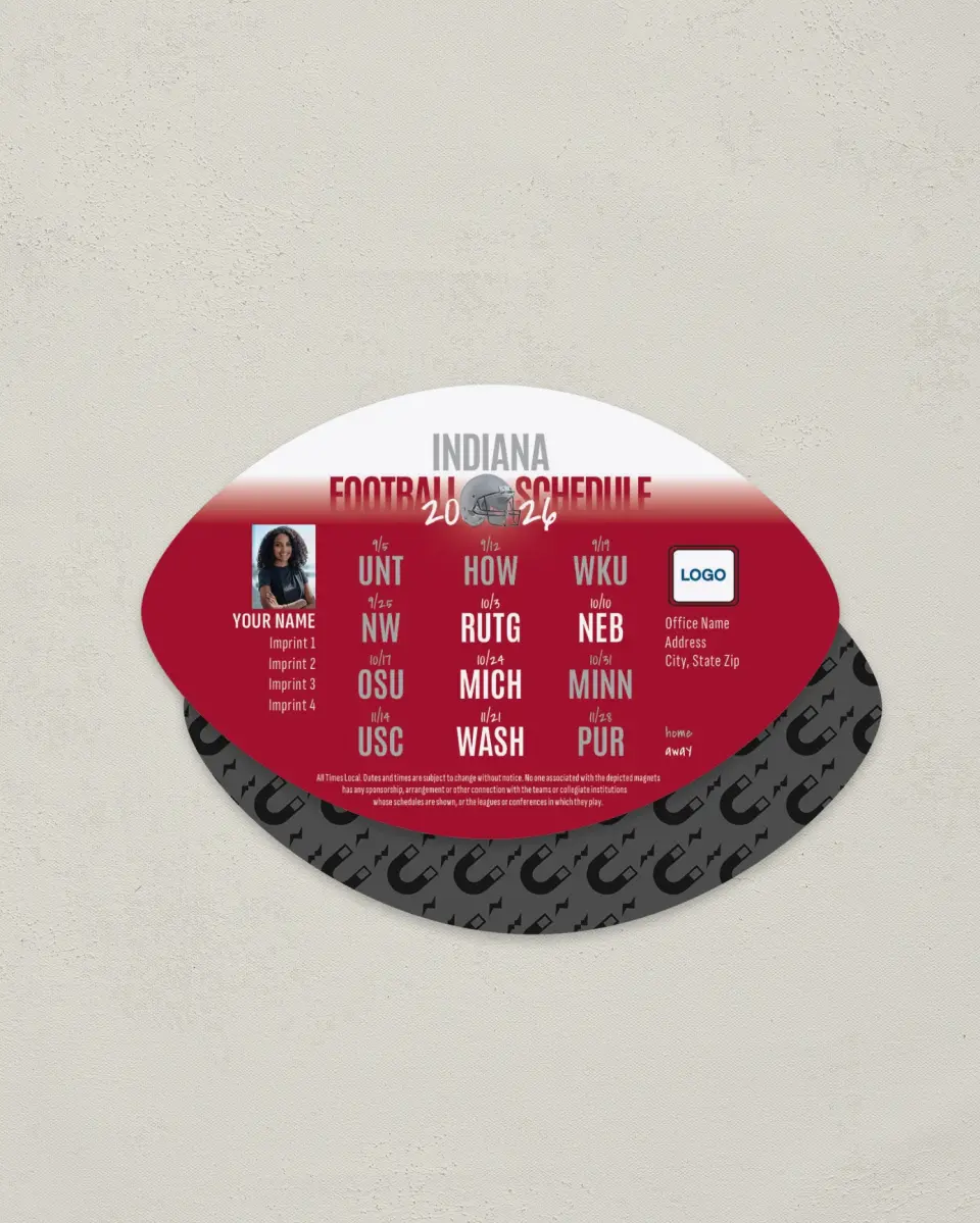 This is a 3.7" x 5.7" Football-Shaped Football Schedule Magnet called Indiana printed in full color