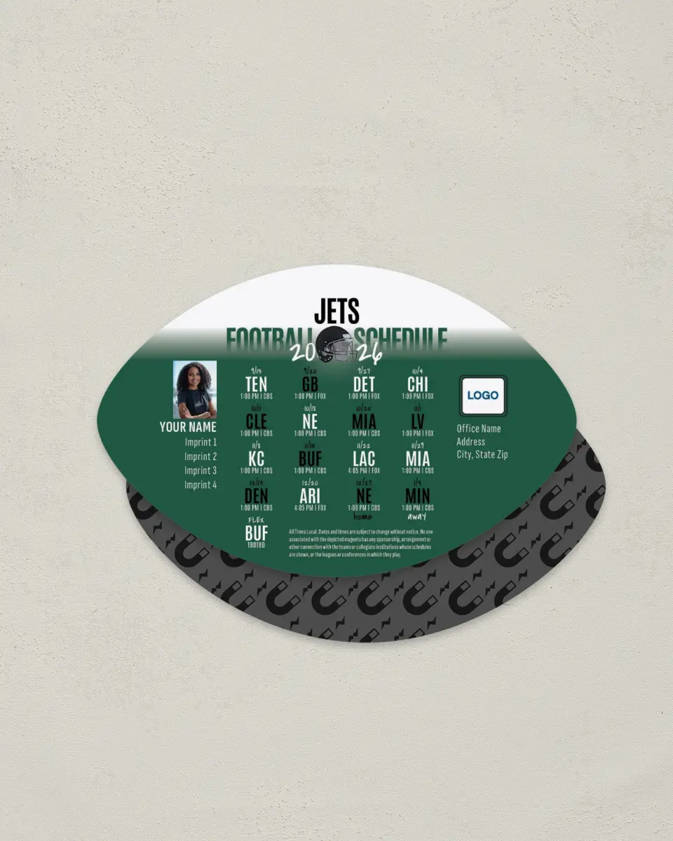 This is a 3.7" x 5.7" Football-Shaped Football Schedule Magnet called Jets printed in full color