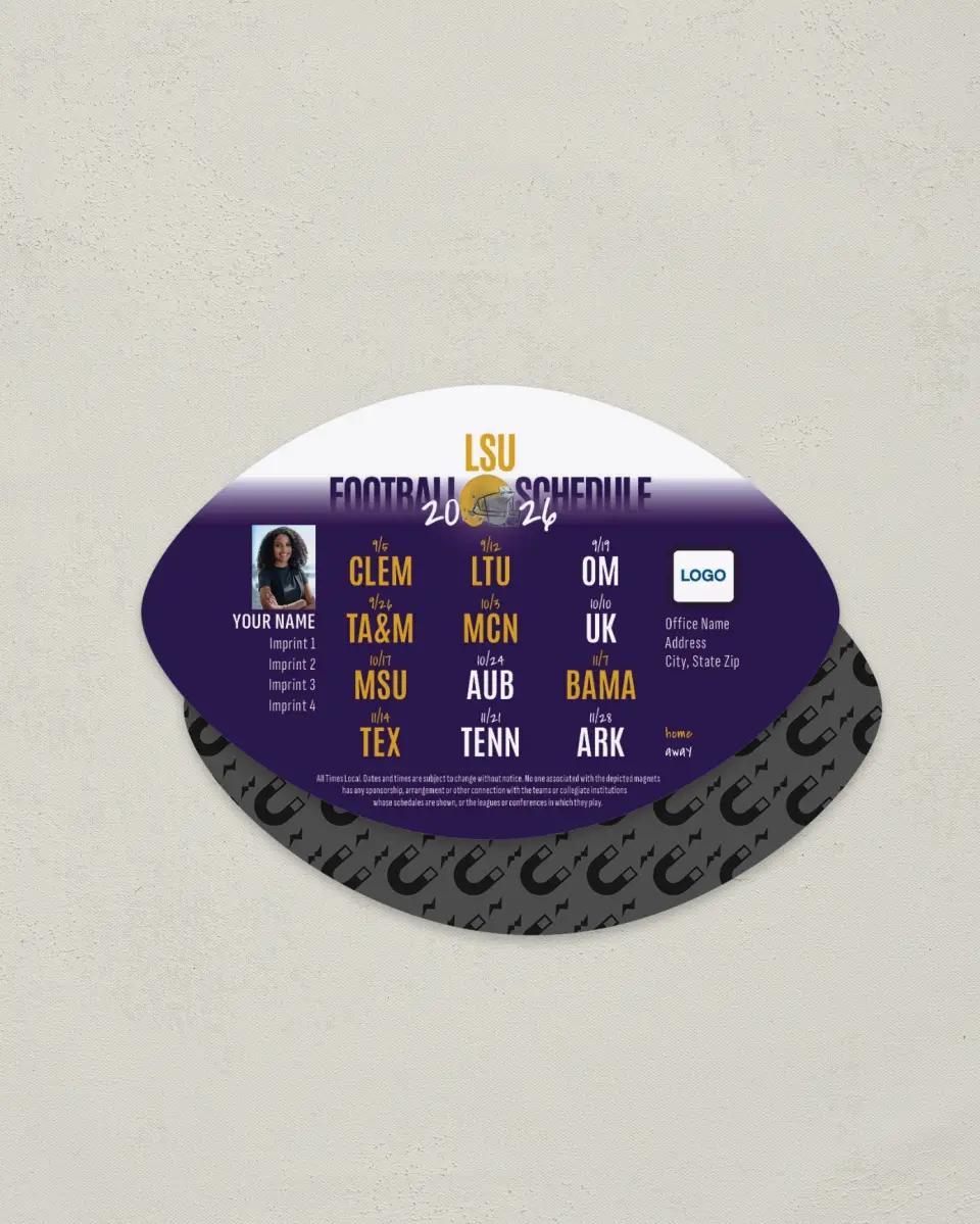 This is a 3.7" x 5.7" Football-Shaped Football Schedule Magnet called LSU printed in full color