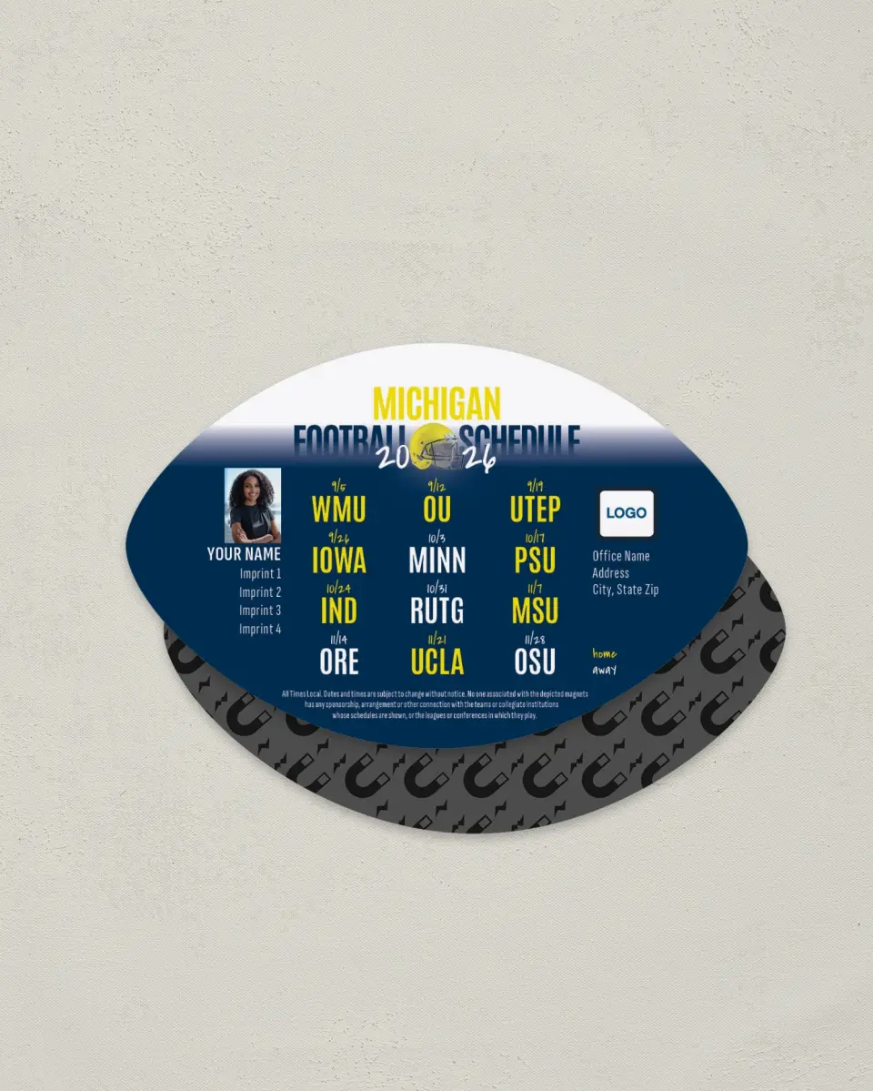 This is a 3.7" x 5.7" Football-Shaped Football Schedule Magnet called Michigan printed in full color
