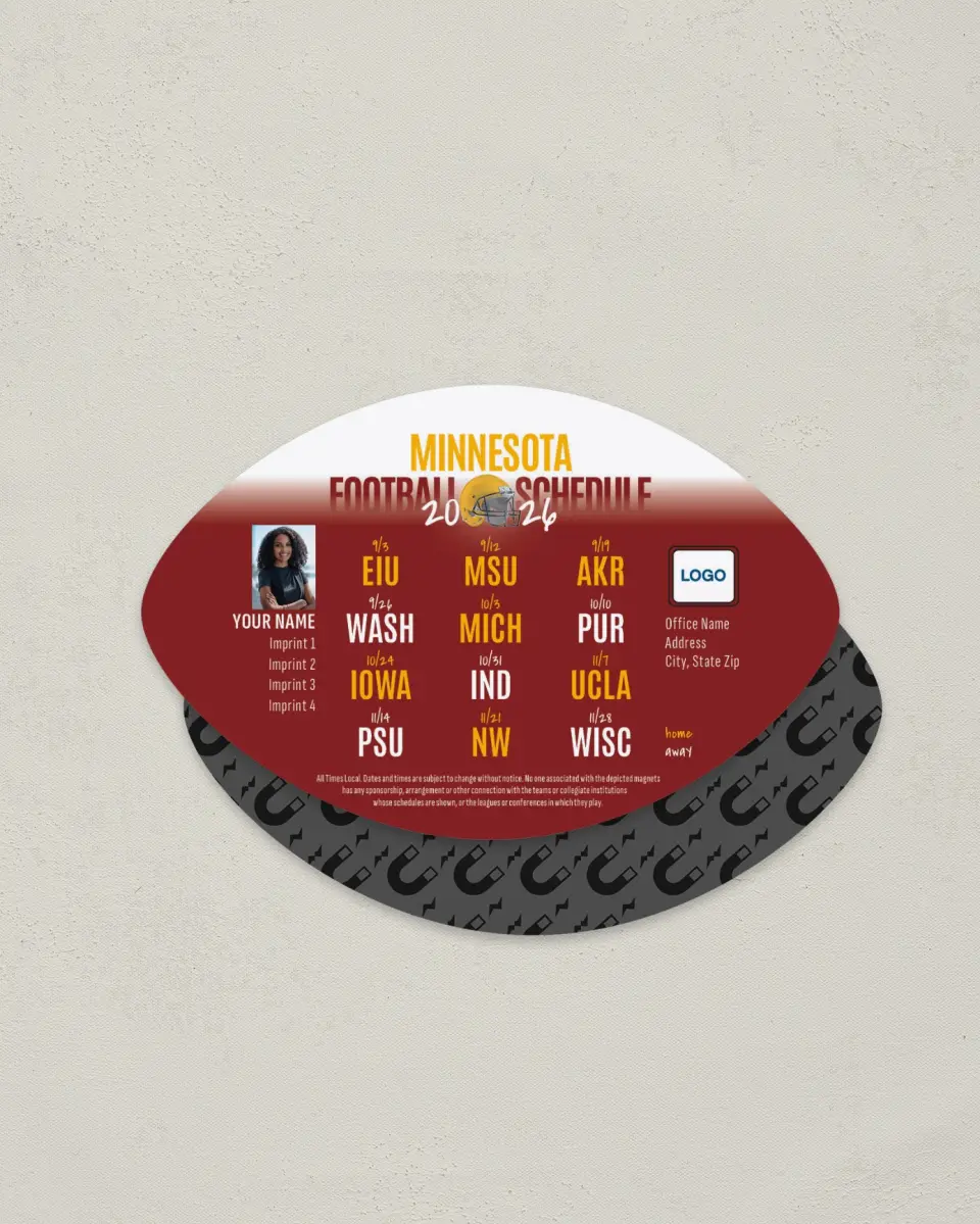 This is a 3.7" x 5.7" Football-Shaped Football Schedule Magnet called Minnesota printed in full color