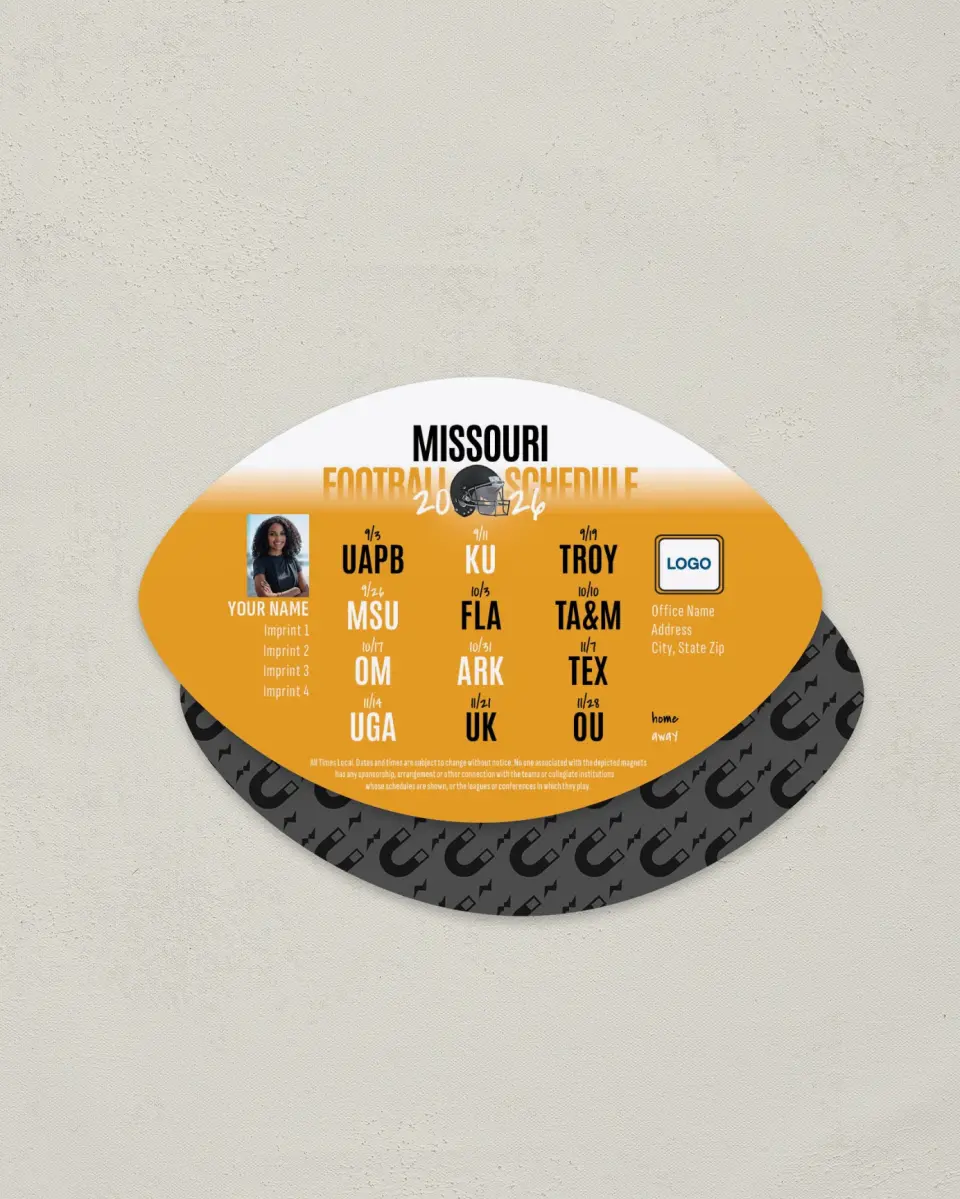 This is a 3.7" x 5.7" Football-Shaped Football Schedule Magnet called Missouri printed in full color
