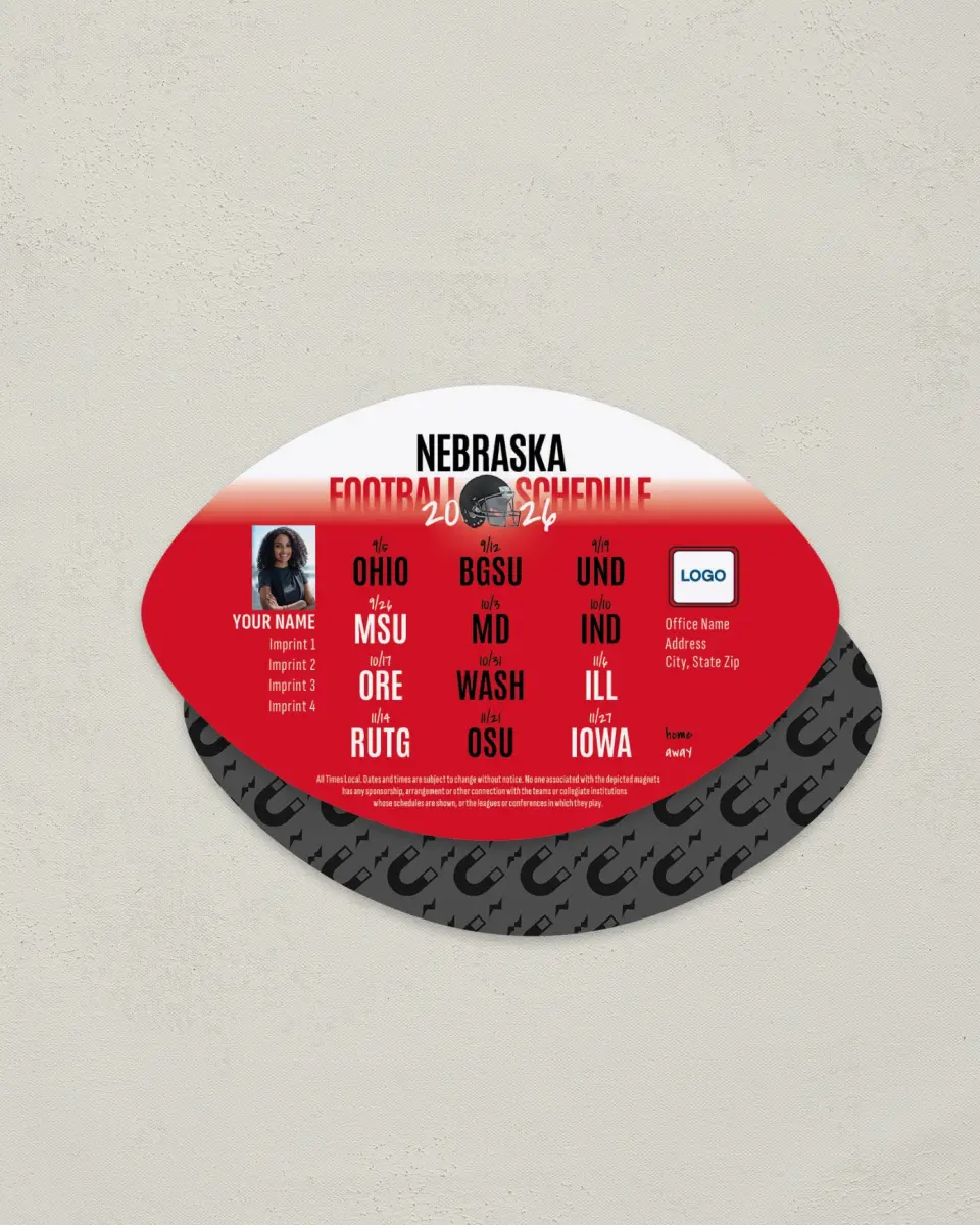 This is a 3.7" x 5.7" Football-Shaped Football Schedule Magnet called Nebraska printed in full color