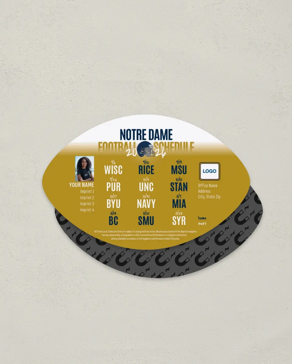 This is a 3.7" x 5.7" Football-Shaped Football Schedule Magnet called Notre Dame printed in full color
