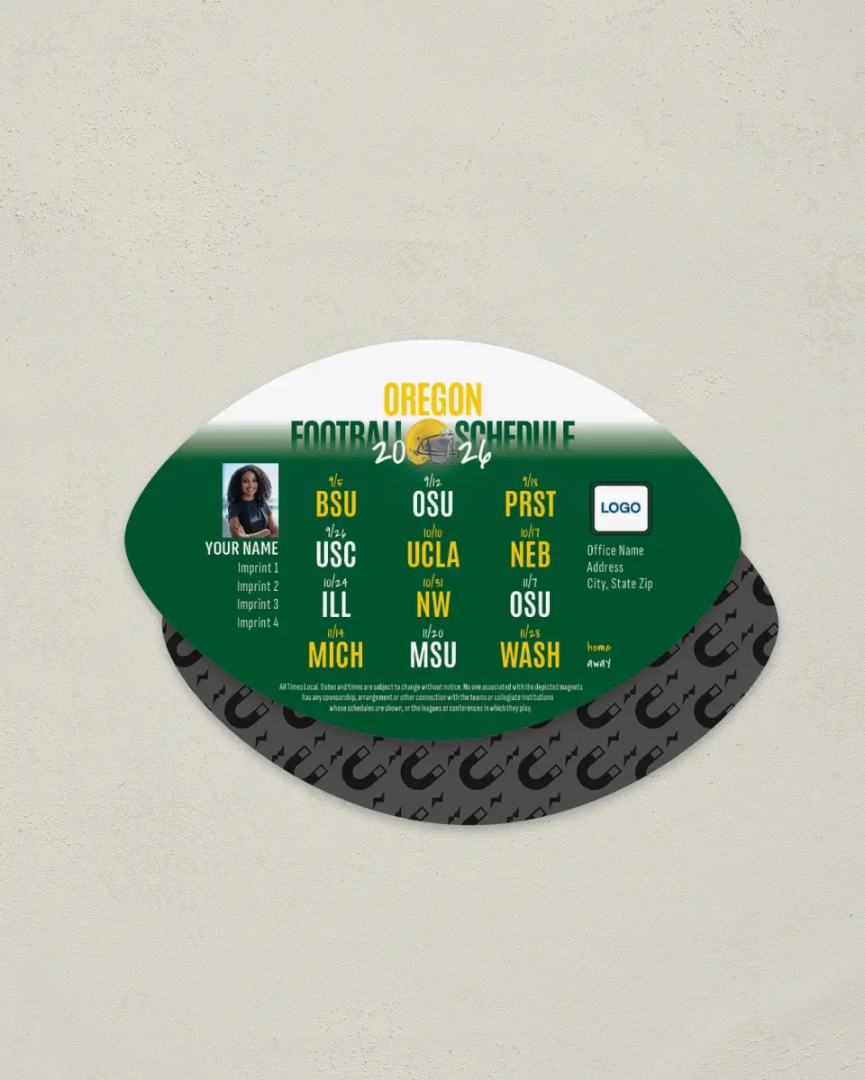 This is a 3.7" x 5.7" Football-Shaped Football Schedule Magnet called Oregon printed in full color