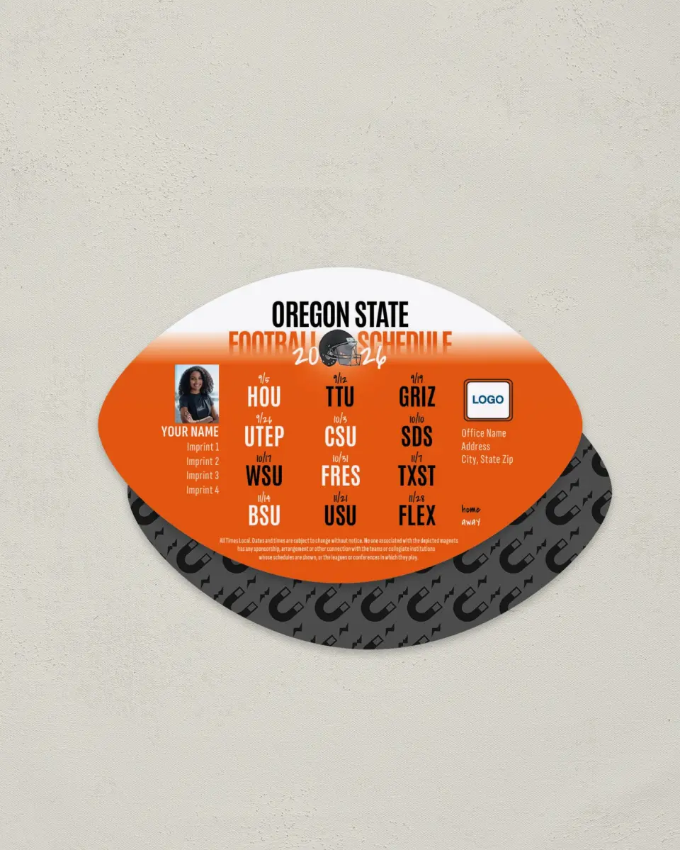 This is a 3.7" x 5.7" Football-Shaped Football Schedule Magnet called Oregon State printed in full color