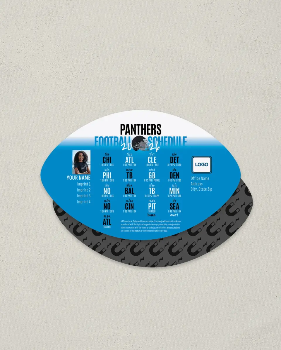 This is a 3.7" x 5.7" Football-Shaped Football Schedule Magnet called Panthers printed in full color
