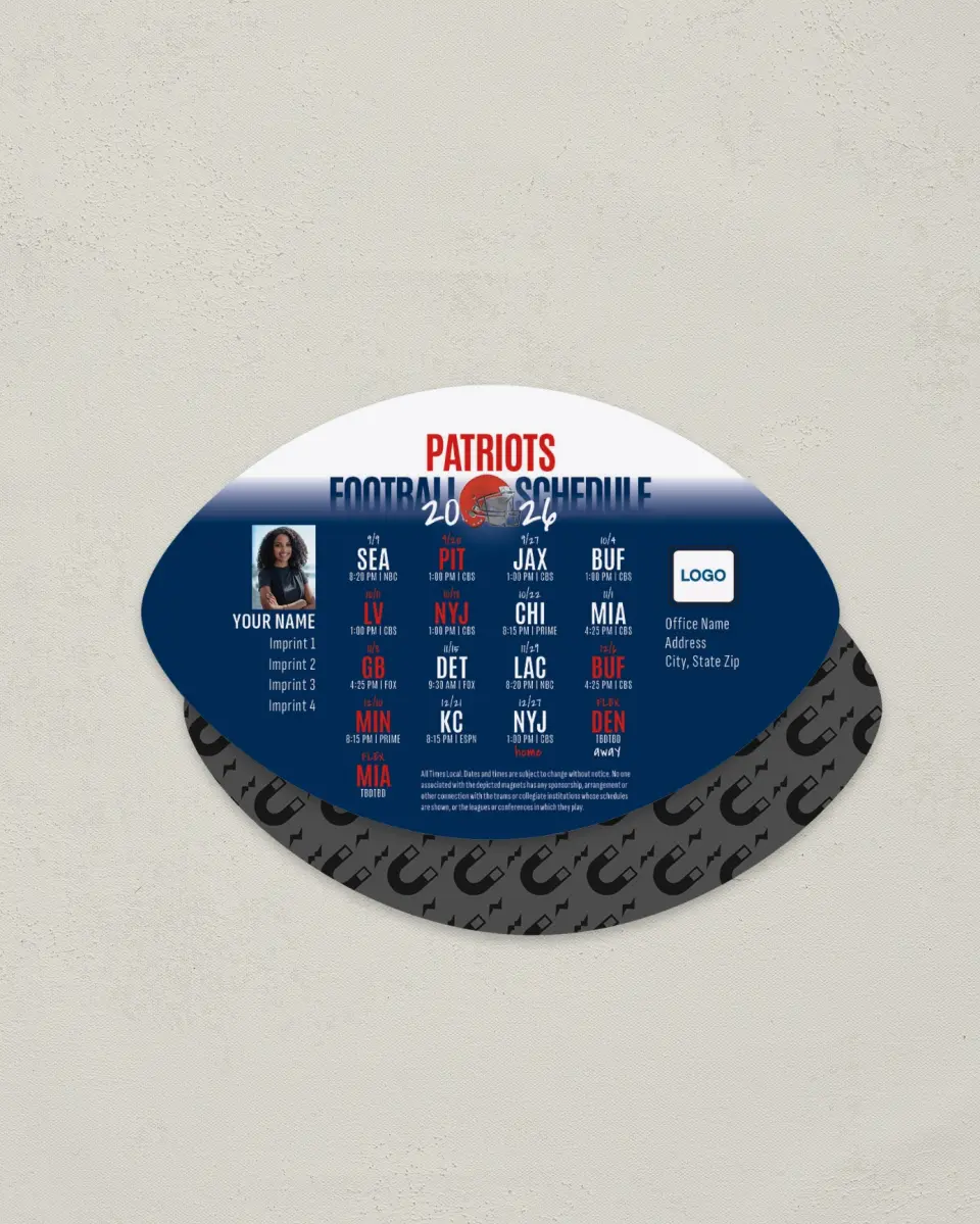 This is a 3.7" x 5.7" Football-Shaped Football Schedule Magnet called Patriots printed in full color