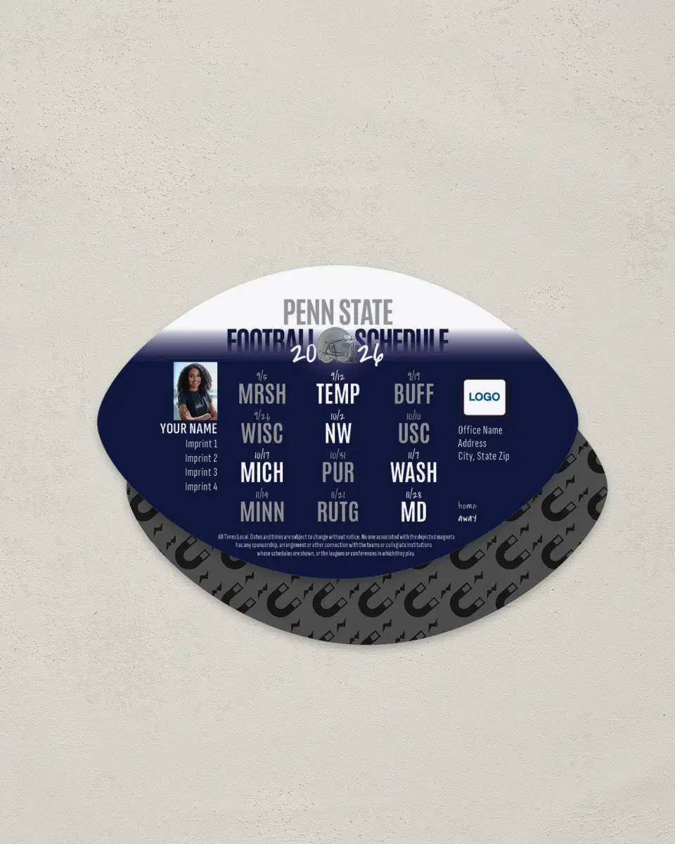 This is a 3.7" x 5.7" Football-Shaped Football Schedule Magnet called Penn State printed in full color