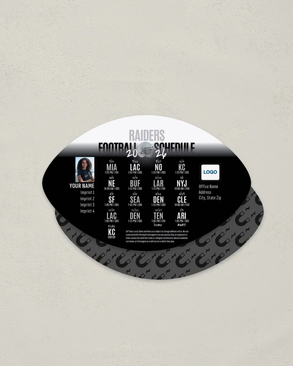 This is a 3.7" x 5.7" Football-Shaped Football Schedule Magnet called Raiders printed in full color