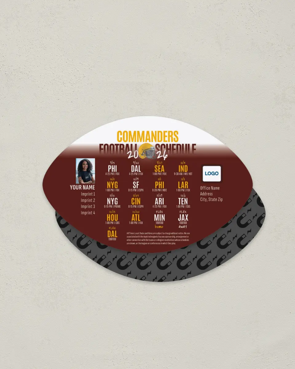 This is a 3.7" x 5.7" Football-Shaped Football Schedule Magnet called Washington Commanders printed in full color
