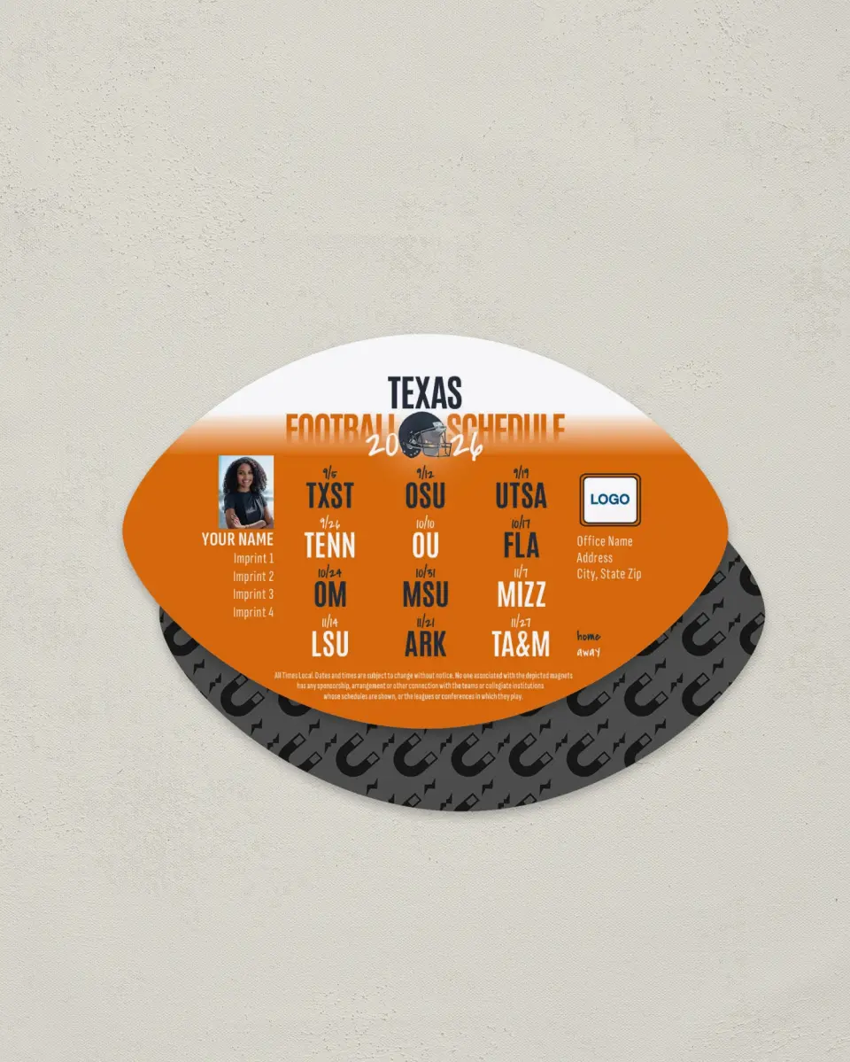 This is a 3.7" x 5.7" Football-Shaped Football Schedule Magnet called Texas printed in full color