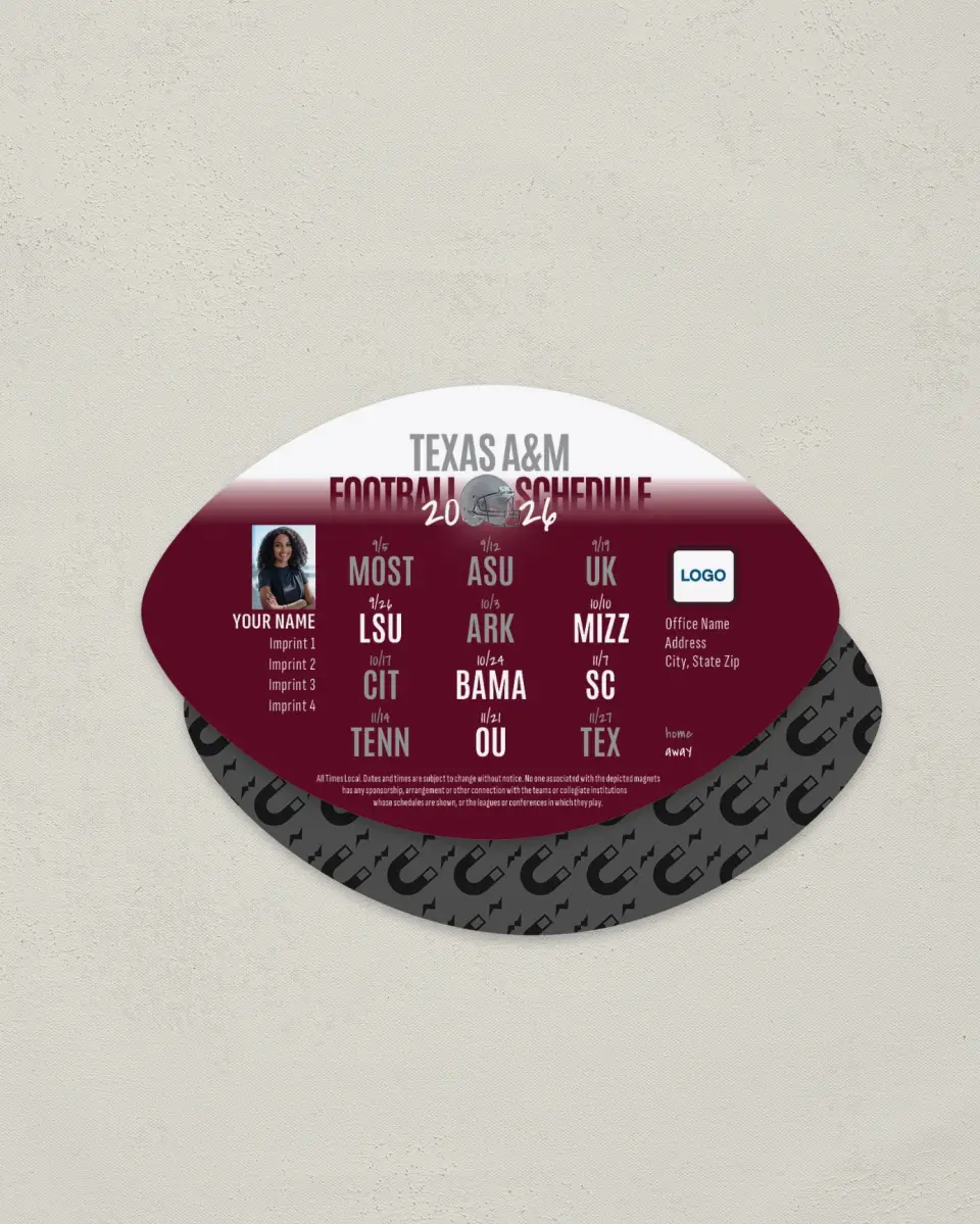 This is a 3.7" x 5.7" Football-Shaped Football Schedule Magnet called Texas A&M printed in full color