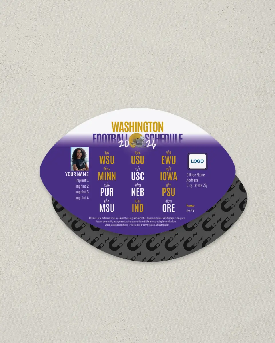This is a 3.7" x 5.7" Football-Shaped Football Schedule Magnet called Washington printed in full color