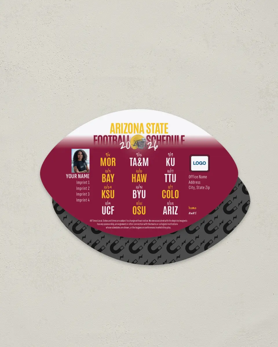 This is a 3.7" x 5.7" Football-Shaped Football Schedule Magnet called Arizona State Sun Devils printed in full color
