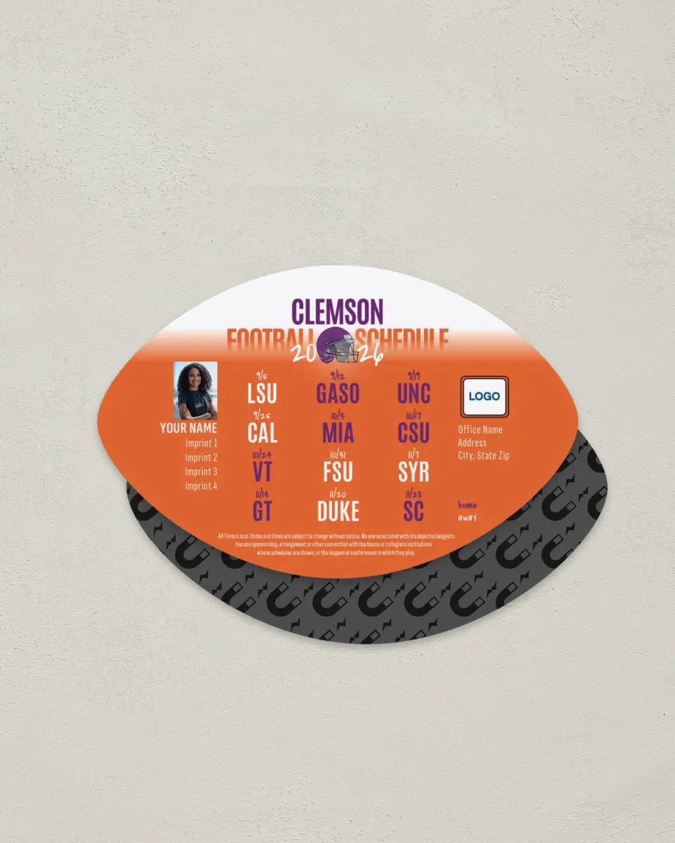 This is a 3.7" x 5.7" Football-Shaped Football Schedule Magnet called Clemson Tigers printed in full color