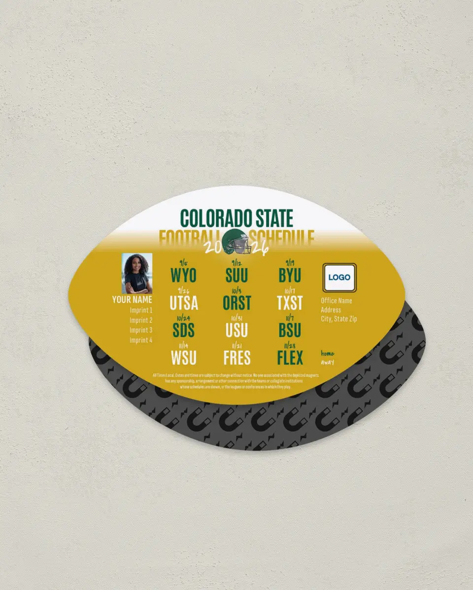This is a 3.7" x 5.7" Football-Shaped Football Schedule Magnet called Colorado State Rams printed in full color