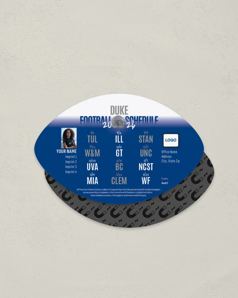 This is a 3.7" x 5.7" Football-Shaped Football Schedule Magnet called Duke Blue Devils printed in full color