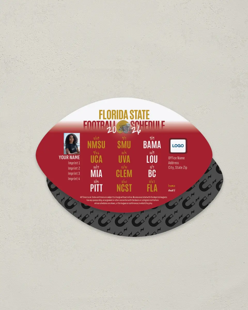 This is a 3.7" x 5.7" Football-Shaped Football Schedule Magnet called Florida State Seminoles printed in full color